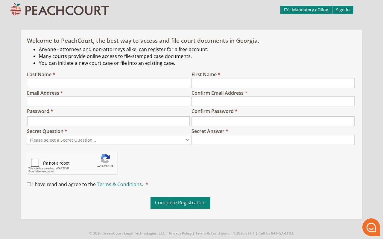 Taylor County case search PeachCourt registration screen